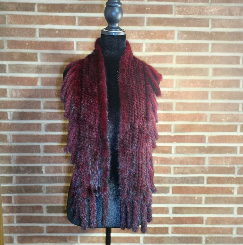 Luxury Real Knitted Mink Fur Pull Through Scarf Wrap Tiered Fringe Wine Red